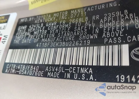 2011 Toyota Camry Le from USA, damaged, VIN 4T1BF3EK3BU226219